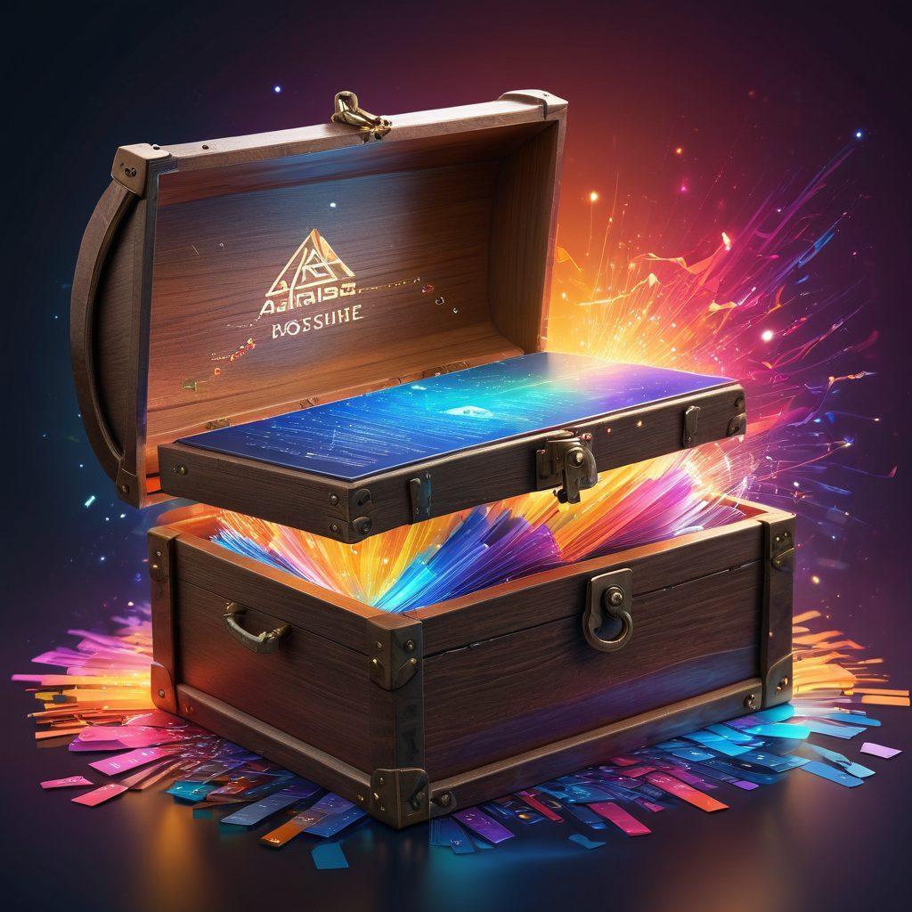 Visualize an open treasure chest filled with digital files and documents, surrounded by colorful data streams flowing into Apache Tika's logo, symbolizing content analysis and data extraction. A glowing key labeled 'Unlocking Power' hovers above, radiating light. The background features abstract representations of databases and documents. Include vibrant colors and a tech-themed atmosphere. super-realistic. vibrant colors. 3D.