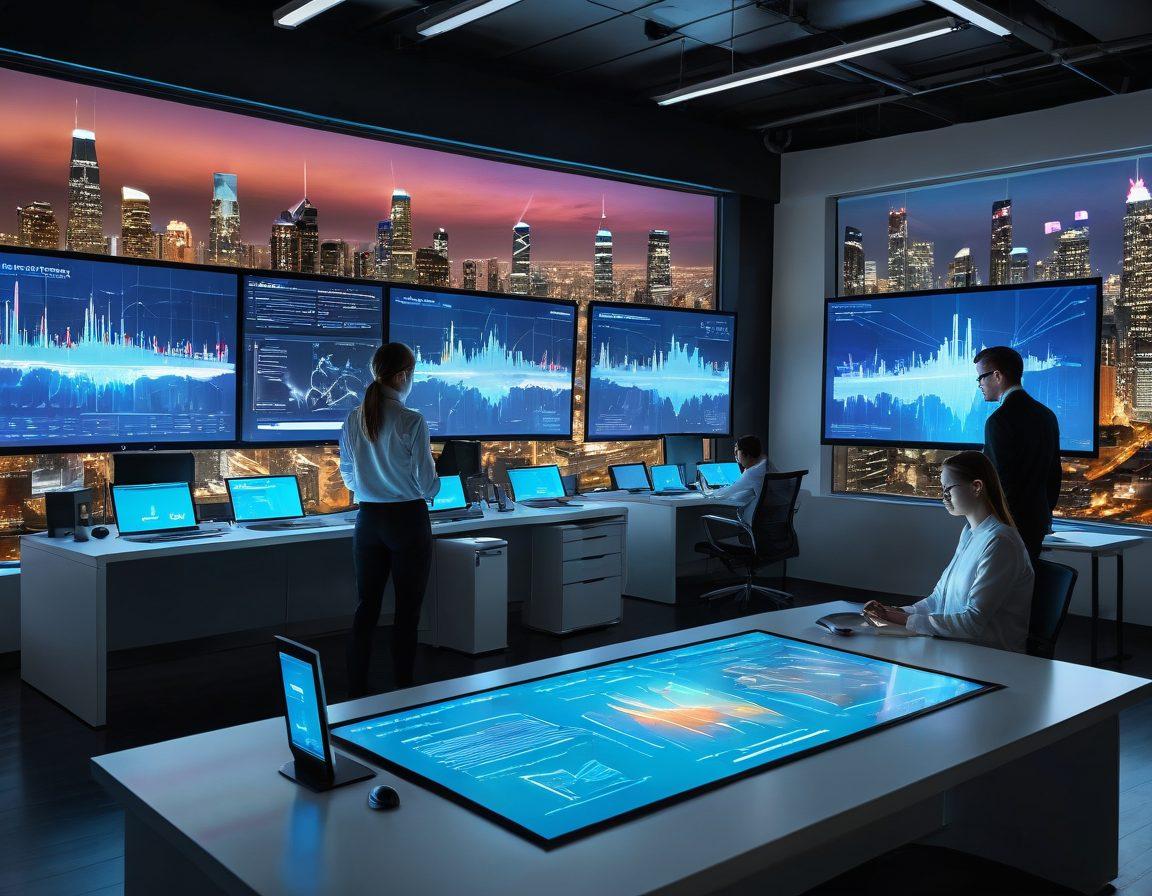 A futuristic workspace featuring a digital interface showcasing various data formats like PDF, DOCX, and XML being effortlessly extracted by Apache Tika. In the foreground, a diverse group of professionals collaboratively analyzing visualized data streams on holographic screens, with elements of technology and innovation surrounding them. The background depicts a sleek cityscape, symbolizing a tech-driven future. super-realistic. vibrant colors. 3D.